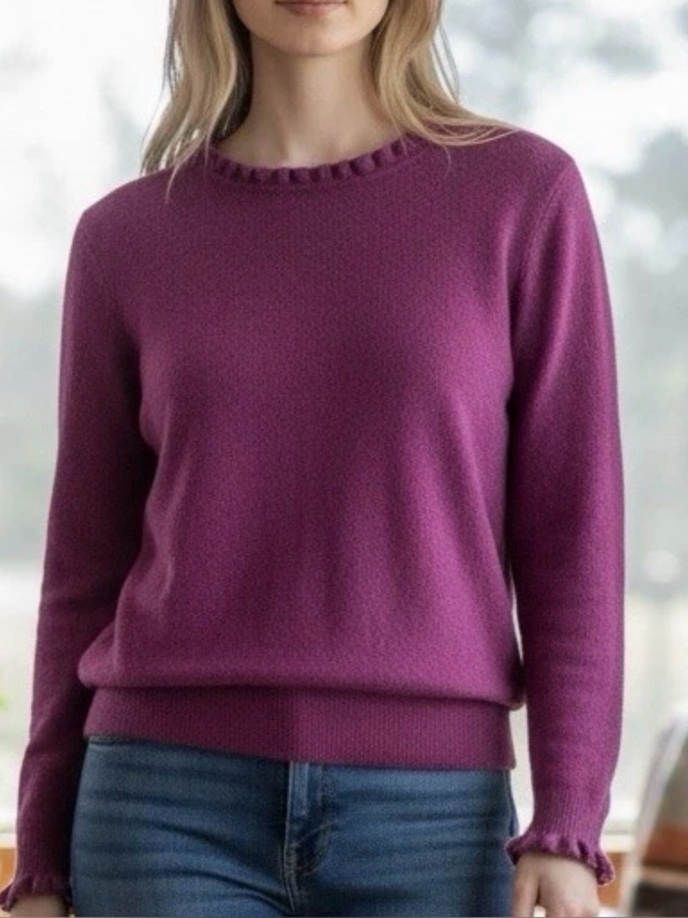 Sundance‎ Aileen Pullover Ruffle Neck Cuffs Size XXL Wool Cashmere Magenta soft